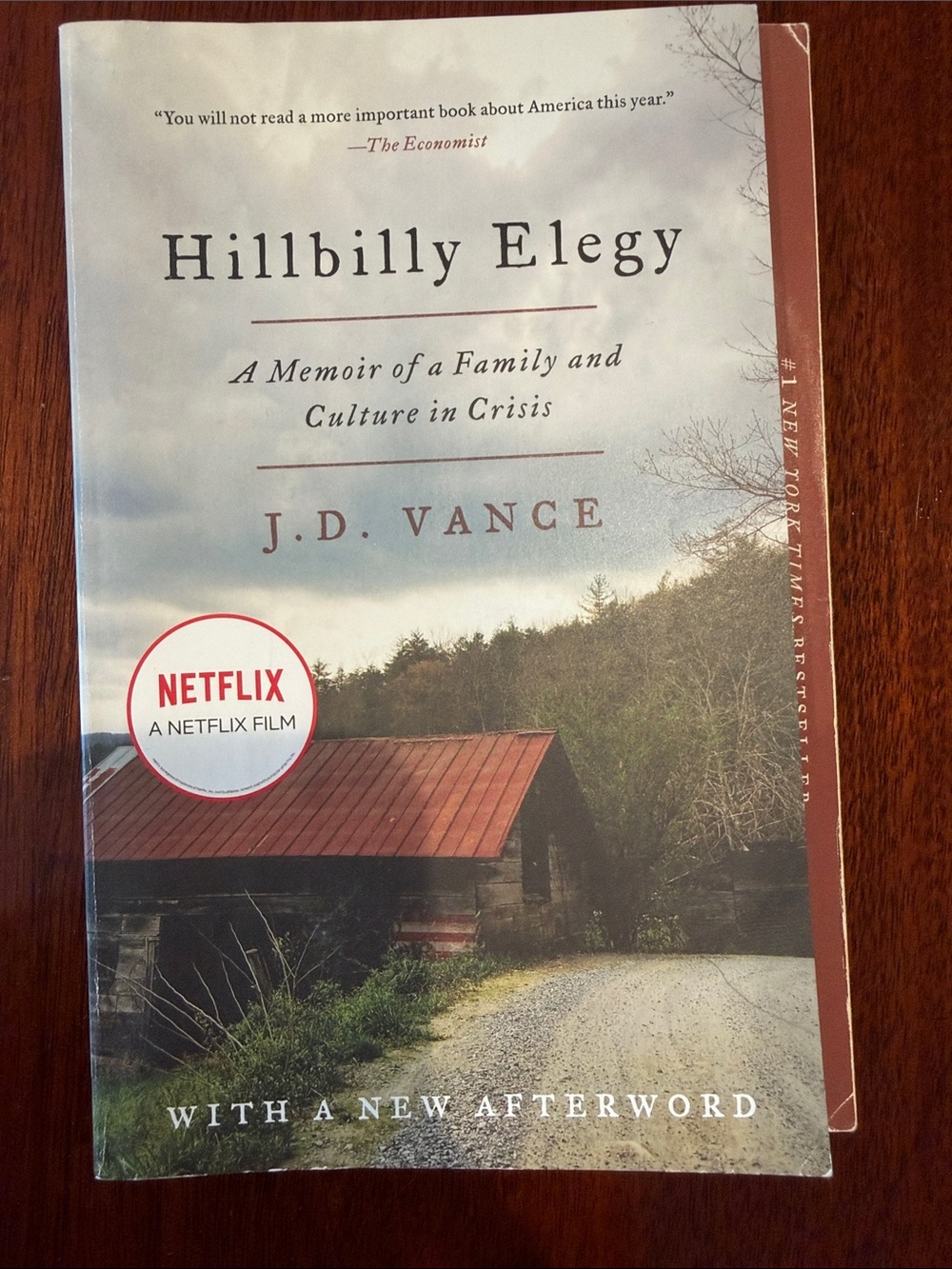 Hillbilly Elegy by J.D. Vance - Paperback with Red Roof Cover.